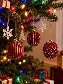 9pcs Red Flocked Christmas Decorations - Christmas Tree Hanging Ornaments With Gold Ribbon - Exquisite Home Decor And Party Christmas Decorations Christmas Decor Christmas Decorations Christmas Decor - Multicolor - View 2