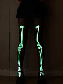 3pairs/1pair Halloween Glow-In-The-Dark Skeleton Tights – Luminous, Fluorescent Bone-Print Hosiery; Perfect For Halloween Parties, Costume Balls, And Horror-Themed Events. - One Size Fits All - View 6