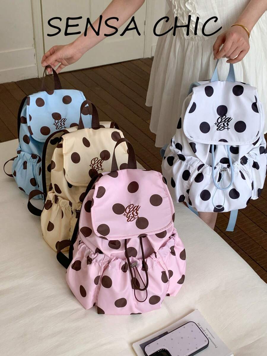 Zaino pieghevole da donna con stampa a pois carino, disponibile in 4 colori, chiusura con patta e coulisse, borsa leggera casual per lo shopping - Multicolore - Visualizzare 1
