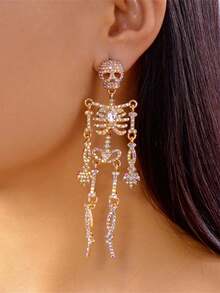 2pcs Rhinestone Halloween Skull Earrings - Gold - View 3