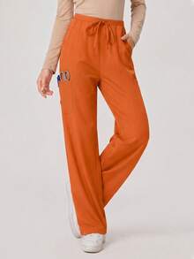 Women's Solid Color Pocket Straight Fit Scrubs Nurse Scrubs Workwear Dentist Healthcare Pet Hospital Laboratory Pants Fall - Orange - View 4