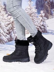 2026 Winter Damen Outdoor Mode Lässig Sport Stiefel, Dicke warme Mittelhohe Schneestiefel mit Patchwork Schnürdesign - Schwarz - Übersicht 4