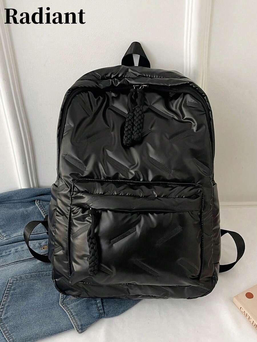 Women Solid Quilted Puffer Backpack Casual Daypack With Braided Drawstring For School Travel Daily Use - Black - View 1