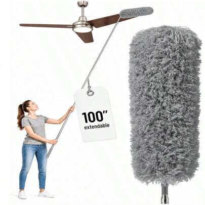 1pc Extendable Microfiber Duster, 100 Inches - Feather Duster For Cleaning Ceiling Fans, Blinds, Baseboards And High Ceilings - Washable, Stainless Steel Pole