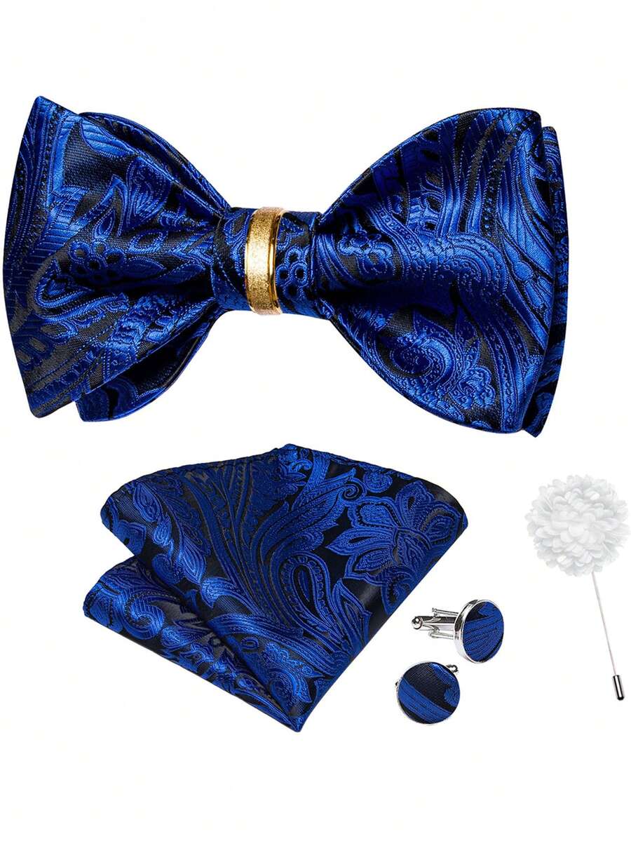 5Pcs Men Blue Paisley Jacquard Self-Tie Bow Tie Pocket Square Detachable Cufflinks Ring Boutonniere Set, Cufflinks Random Pattern, Wedding Formal - Blue - View 1