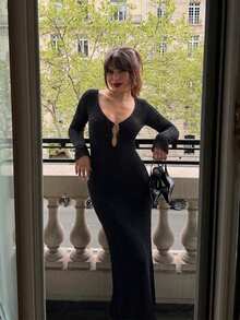 Vestido Maxi de Manga Larga con Cuello en V y Tejido Abierto - Negro - Ver 3