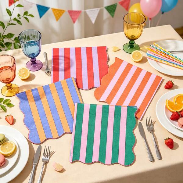 20/40/60Pcs,Summer Striped Scalloped Edge Disposable Napkins,Rainbow Contrast Striped Printed Flower Wave EdgeCocktail Napkins,2-Ply Retro Circus Carnival Party Tissues For Summer Beach & Pool Parties,Holiday Weddings & Picnic Supplies.