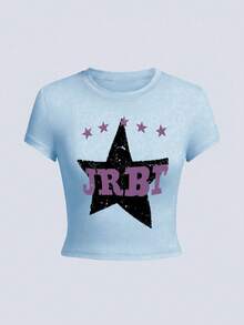 Y2K Retro Short Sleeve Slim Fit Flattering Flag Print Cropped Top For Women - Baby Blue - View 5