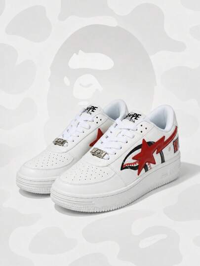 BAPE STAR Zapatillas de Skateboard Unisex de Caña Baja A BATHING APE Patrón de Boca de Tiburón Suela Gruesa Zapatos de Entrenamiento Blanco Puro Zapatos Casuales de Calle Uso Diario para Parejas