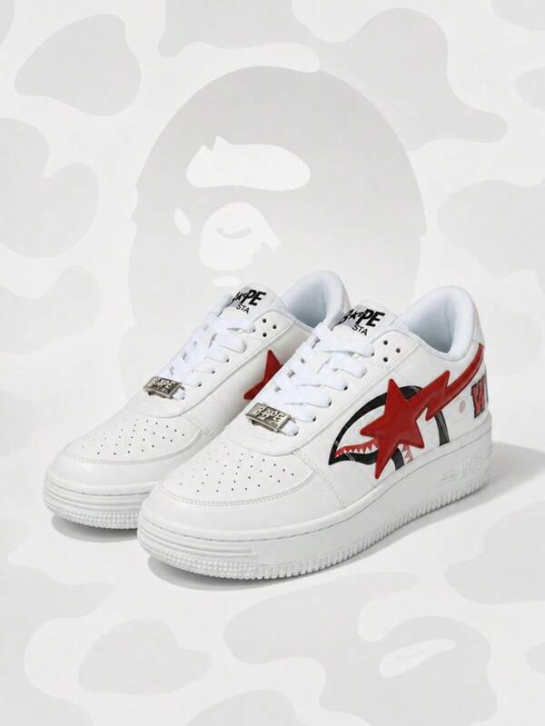 Sepatu Skateboard Low-Top Unisex BAPE STAR, Sepatu Training Sol Tebal Motif Mulut Hiu A BATHING APE, Sepatu Kasual Jalanan Putih Murni, Sepatu Pasangan untuk Pemakaian Sehari-hari