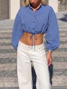 Elegant Casual American Vintage Blue Small Checkered Stand Collar Button-Down Tie Hem Short Lantern Sleeve Blouse - Blue - View 3