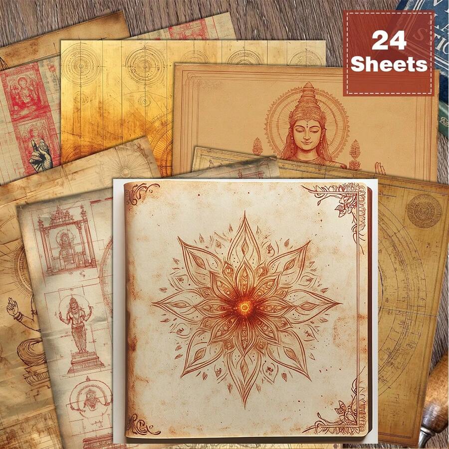24 Sheets 6*6 Inch Deity Mandala Illustration Scrapbook/Journal Paper, Vintage Aged Paper Texture Suitable For Collage, Origami And Journaling Materials, DIY Paper, Handmade Scrapbook, Bullet Journal, Greeting Cards, Gift Wrapping - Square - View 1