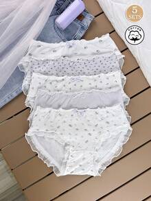 Aesletic 5pcs/Set Purple Floral Frill Trim Japanese Style Lace Bow Women's Triangle Panties - Multicolor - View 4