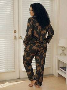 CAJUNI Plus Size Women's Leopard Print Long Sleeve Lapel Pajama Pants Set - Black - View 2