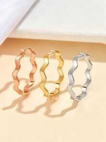 1pc Minimalist Wave-Shaped Open Stainless Steel Ring, Adjustable Smooth Finish 18K Gold Plated Accessory, Suitable For Daily Wear - Silver - View 1