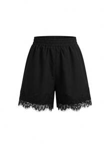 EARO Fashion Women's 2-Piece Black Set, Loose Button-Down Shirt Paired With Elegant Lace Detail Shorts, Non-Stretch Fabric. - Black - View 7