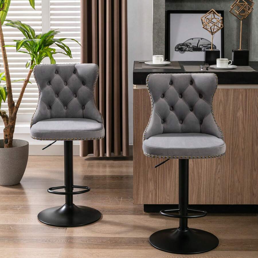 Velvet Swivel Stools With Adjustable Seat Height From 63.5 To 84 Cm, 45 Cm Base, Modern Upholstered Stools With Padded Backrest For Home, Pub Or Kitchen Island, Black, Set Of 2, DE1812BK - Black - View 1