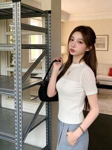 RUIWY 女款白色螺紋針織上衣，圓領短袖半透明鏤空網格細節夏季襯衫，優雅基本修身T恤 - 白色 - 查看 5