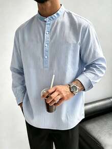 Men's Stand Collar Striped Long Sleeve Shirt, Loose Fit Versatile Half-Button Pullover Blouse, Spring/Autumn - Blue - View 2