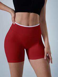 NcmRyu 1pc Women's Fashion Elastic Contrast Color Ribbed High Waist Butt-Lifting Soft Comfortable Sports Shorts - Red - View 9