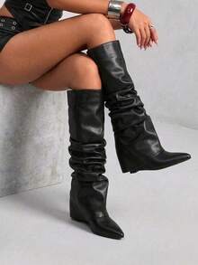 Winter Boots Women Slouched Ruched Fold Over Boots Covered Wedge Block Heel Knee High Punk Gothic Fashion Luxury Halloween Shark Shoes For Woman - 黑色 - 查看 2