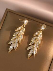1pair Luxury Marquise Cubic Zirconia Tassel Drop Earrings, Gold Plated Leaf Shiny CZ Dangle Earrings, Bridal Wedding Party Statement Evening Jewelry - Yellow Gold - View 9