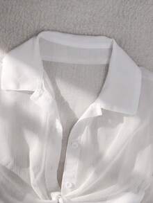 Girls' Fashion Versatile Semi-Sheer Thin Long Sleeve Cover Up, Spring/Summer/Autumn, Collared Button-Front Open-Front Crop Top - White - View 2