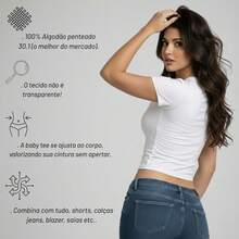 Baby Tee Minimalista Algodão Baby Look Basico Tecido Premium Blusa Feminina PP ao GG - Branco - Visão 3