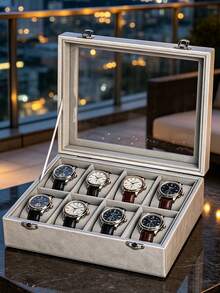Velvet 8-Slot Watch Storage Box With Transparent Glass Lid, Luxury Watch Storage & Display Case, Watch Organizer, Jewelry & Watch Display Box - With Glass Lid - View 4
