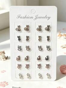 12pairs Cartoon Cat Stud Earrings - Black - View 14