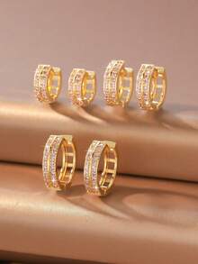 3 Pairs/Set Women's Gold Double-Row Zirconia Ear Cuffs, 3 Different Sizes, Stackable And Mix-And-Match Design, High-Transparency Zirconia With Fine Diamond Trim, Suitable For Daily Wear, Birthday And Holiday Gifts - Multicolor - View 1