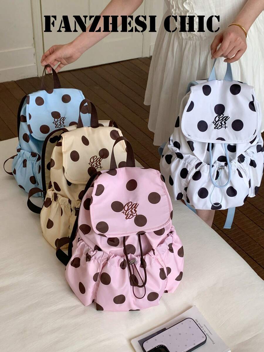 Mochila con patrón de lunares dulces, 4 colores disponibles, diseño con solapa y cordón, bolsillos laterales plisados, ligera y compacta, adecuada para uso diario y al aire libre - Multicolor - Ver 1