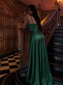 Birthday Dress For Women, Party Dresses For Women, Elegant Dress, Solid Color Elegant High Slit To Thigh With Tie, Woman's Dress For Birthday Party, Formal Evening Event, Photoshoot, Wedding Guest, Back To School Party, Bachelorette Party, Fall Dresses For Women - Dark Green - View 5