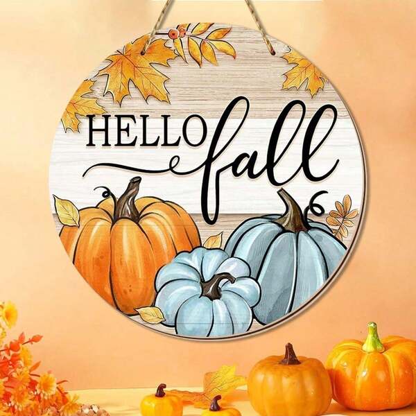 1件裝「Hello Fall」圓形木製裝飾牌，適合農舍、鄉村風家居與花園的懸掛裝飾，可作為花環中心裝飾、牆面掛飾或感恩節裝飾