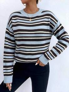 Women's Striped Crew Neck Long Sleeve Pullover Sweater, Casual Ribbed Knit Medium Stretch Top, Suitable For Autumn/Winter Wear - Blue - View 3