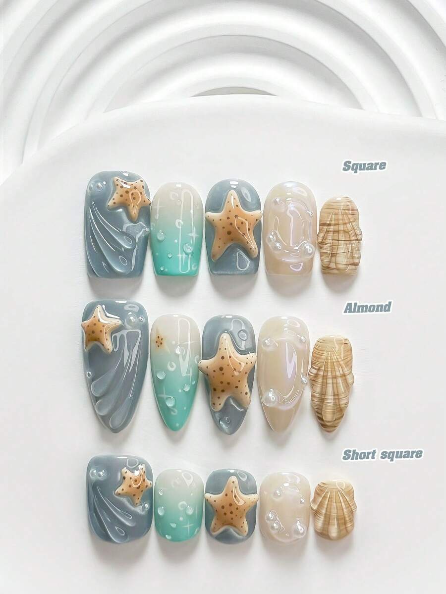 10件夏季海灘風手工穿戴式美甲,Polygel美甲套組,海星、水波紋與珍珠元素,藍色、綠色、棕色指甲油,休閒風格,附美甲工具,3種尺寸可選,方形、短方形、杏仁形,適合派對、跳舞、日常穿戴 - 彩色 - 查看 1