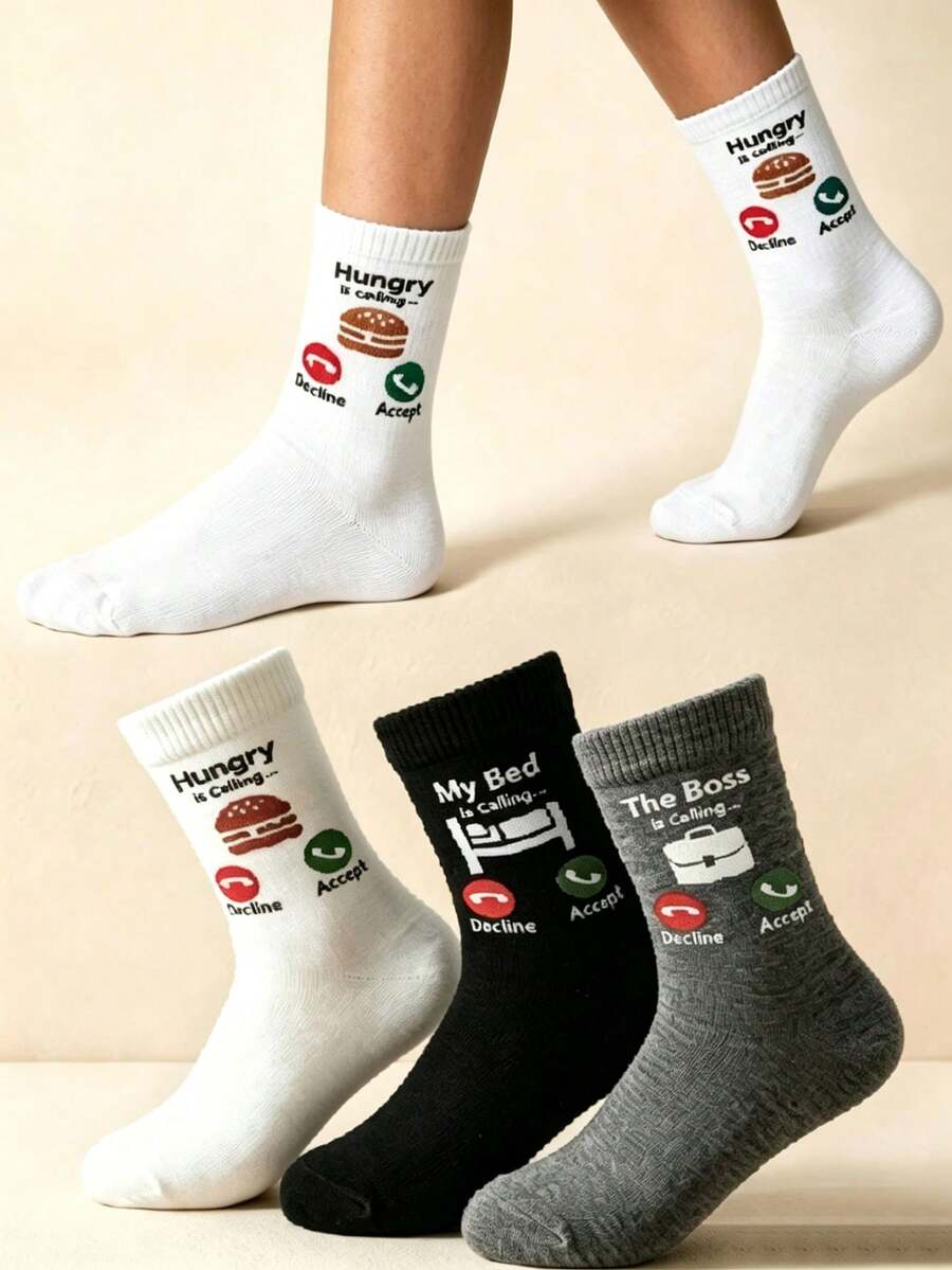 1/3 Pairs Unisex Funny Creative Socks, Couple Socks, "Hungry/Sleeping/Boss Calling" Pattern, Comfortable Breathable Sweat-Absorbent Mid-Calf Socks, Back To School Gift, Funny Must-Have Item For Family/Friends - Multicolor - View 1