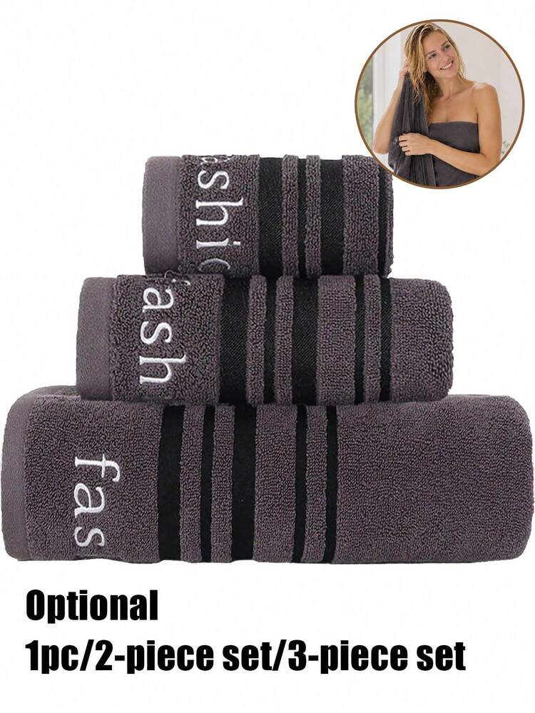 1/2/3pcs Solid Color Striped Letter Embroidered Pure Cotton Bath Towel, Ultra Soft Highly Absorbent Quick Dry Sauna Towel, Lint-Free Lightweight, Multiple Sizes Available, Suitable For Pool/Guest Room, Bathroom Essential - Dark Grey - View 1
