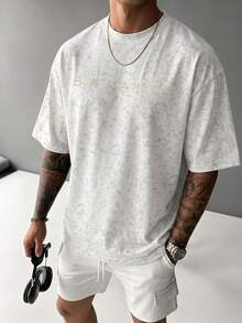 Men's Summer Versatile Fashion Mind-Balance Line & Snowflake Print Crew Neck Short Sleeve T-Shirt - White - View 2