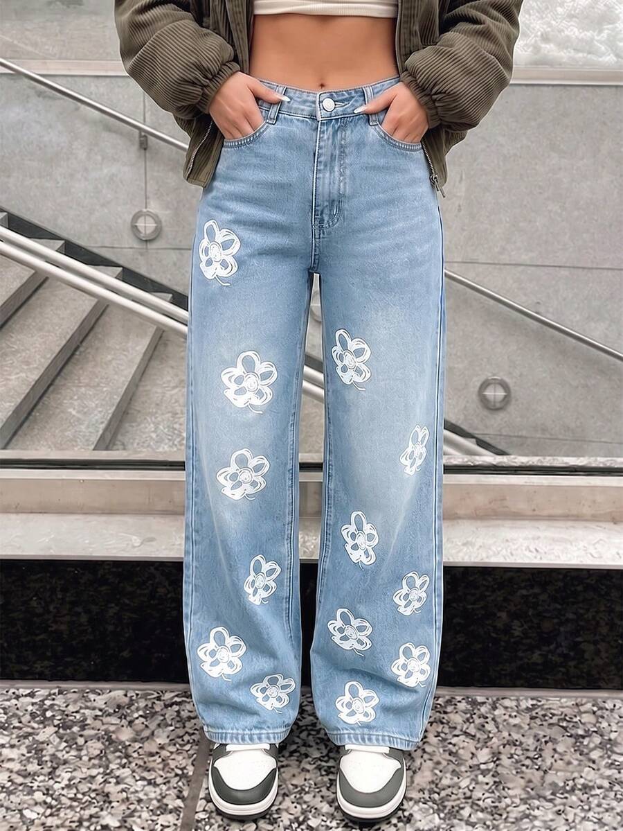 Women's Fashion Washed Straight Leg Jeans With Floral Print, Button And Pocket Details