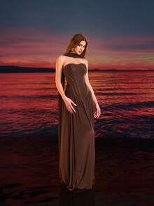 Elegant Brown Ribbon Decor Backless Lace-Up Bandeau Ultra-Long Mermaid Skirt Party Formal Dress 2-Piece Set - Brown - View 6
