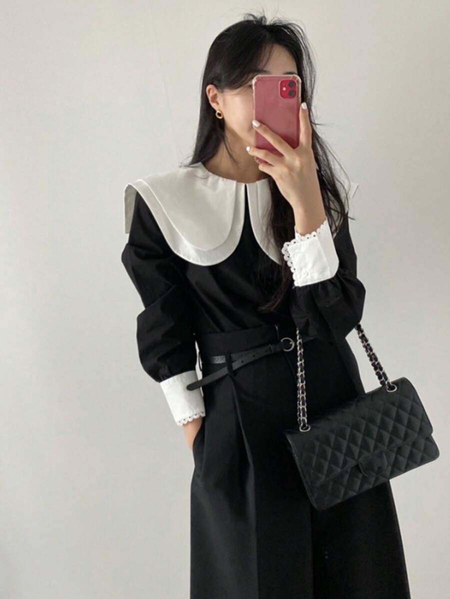 Korean Style Versatile Colorblock Double Layer Collar Pullover Shirt - Black - View 1