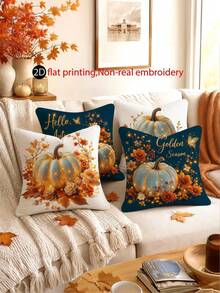 4pcs 2D Flat Print Pillow Covers, Multiple Sizes, Non-Embroidered Pumpkin Pattern, Autumn Home Decor Pillowcases, Suitable For Bedroom, Living Room, Sofa, Office, Patio, Car, Pillow Inserts Not Included - Royal Blue - View 5