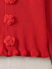 Romantic Pink Round Neck Knit Cardigan 3D Rose Fasteners Ruffle Edge Long Sleeve For Fall Holiday Brunch City Strolls - Red - View 10