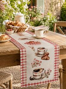 1pc Coffee Croissant Print Linen Table Runner, Farmhouse French Country Rectangular Table Runner With Red Gingham Border, Rustic Dining Table Decor For Kitchen, Coffee Bar, Breakfast Table, Cafe, Brunch Party And Everyday Home Use - Multicolor - View 5