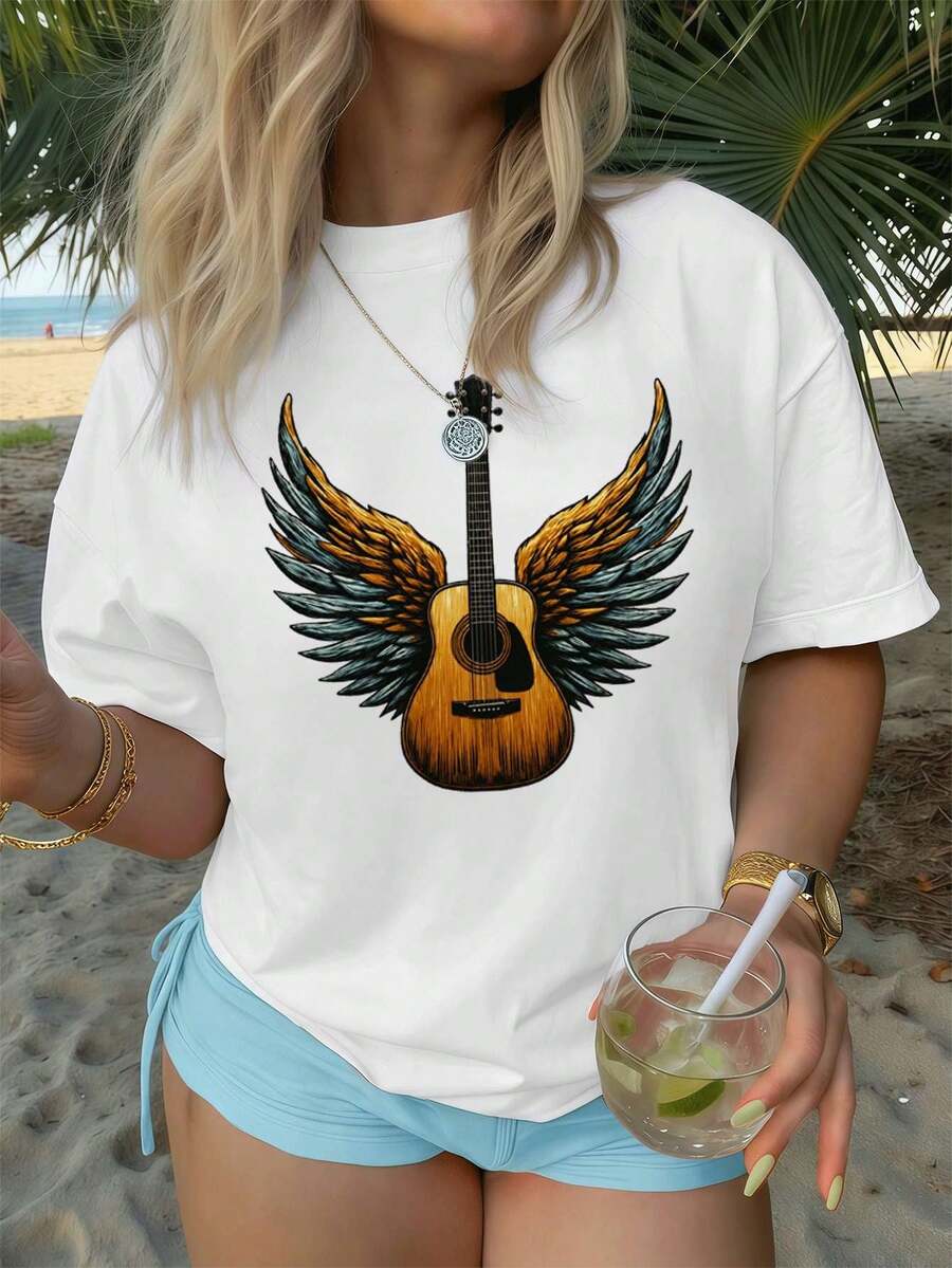 Boho Style Winged Guitar Music Graphic Tee, Soft Cotton, Loose And Comfortable Fit, Casual, Art Print - White - View 1