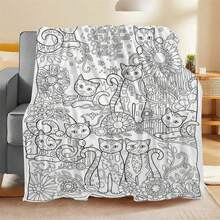 1 st rolig katt-färgläggningsfilt i flanell, handritad doodle-pläd för vuxna för stresslindring, DIY-färgläggningsfilt för hem, kontor och fritid, mjuk hudvänlig återanvändbar kreativ dekorativ filt, lämplig för färgläggningsentusiaster, kreativ interaktiv present - Multifärgad - Visa 2