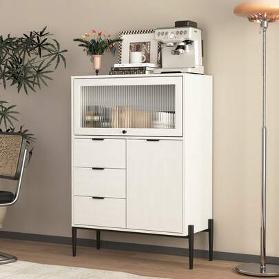 White Wooden Sideboard - Adjustable Shelves - 85x40x120cm