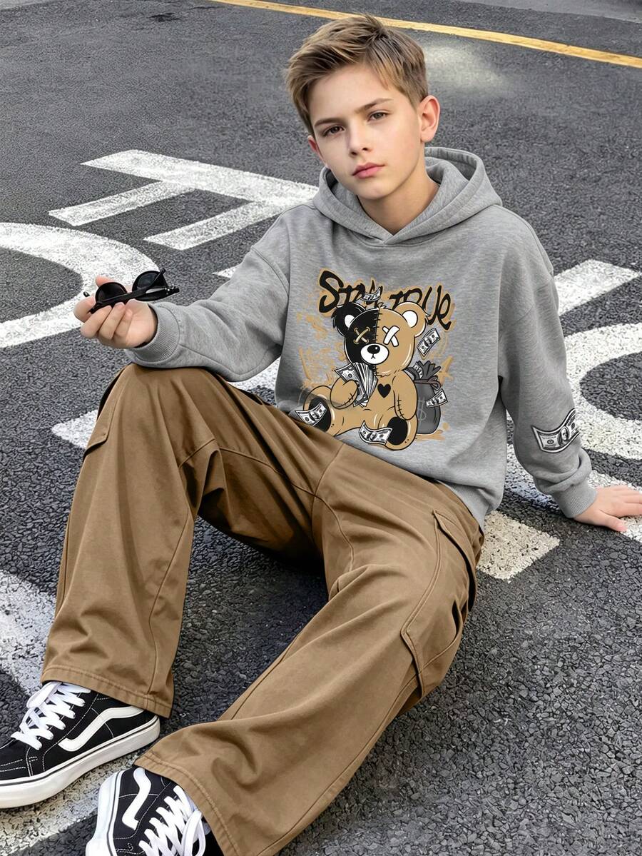 2pcs/Set Tween Boys Sweatshirt Set, XX Eye Teddy Bear Print, Paired With Simple Casual Cargo Pants, Comfortable Autumn/Winter New Streetwear Style - Grey - View 1