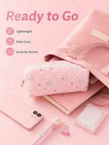 1pc Macaron Color Argyle Pattern Cartoon Rabbit Pencil Case, Sweet Floral Rabbit Stationery Storage Bag, Zipper Portable Soft Fabric Pencil Pouch, Suitable For Teenagers Classroom Daily Storage, Perfect Gift For Students, Multi-Functional Storage Bag, Back To School Essential - Cartoon Animal Pencil Case - View 3